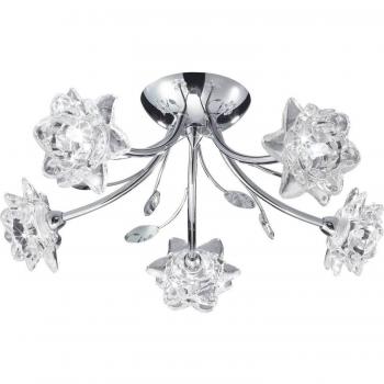 Plafón Bellis de 5 luces, cromo y vidrio, diseño floral, semi empotrada, G9