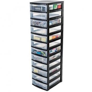 Iris Ohyama, Torre de almacenamiento, 12 cajones de 6 L, con ruedas, asas ergonómicas, oficina, garaje - New Chest NMC-012 - Negro
