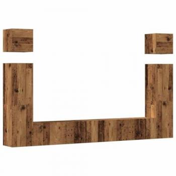Conjunto de mueble de TV montado en la pared de 6 piezas en madera vieja y madera compuesta