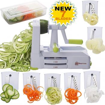 Brieftons 7-Blade Spiralizer: Strongest-and-Heaviest Duty Vegetable Spiral Slicer, Best Veggie Pasta Spaghetti Maker for Low Carb/Paleo/Gluten-Free, with Blade Caddy, Container, Lid & 4 Recipe Ebooks