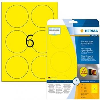 Etiquetas Signal 8035 HERMA, redondas, 85 mm, amarillas, mate, autoadhesivas, resistentes al agua, 150 etiquetas en 25 hojas