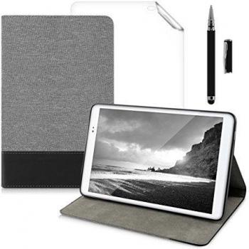 kwmobile 3en1:Elegante funda de lona cuero sintético para Huawei MediaPad T1 10 en gris negro con una práctica FUNCIÓN DE SOPORTE + Lámina, transparente + Stylus, negro