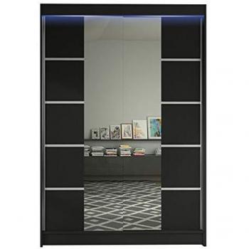 Armario Corredero Atlanta 151, Negro, 200x120x58cm, con Espejo y LED, 5 Estantes