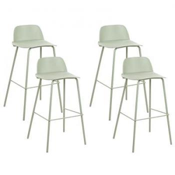 Conjunto de 4 taburetes de bar modernos con asiento de plástico sintético verde pistacho claro y patas de metal pintado, altura 90 cm