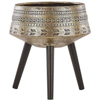 Maceta Alta Industrial Vardiani 50 cm Dorada con Base de Madera y Soporte de Cemento Gris