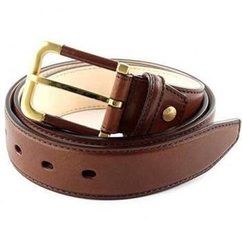 The Bridge Story Men's Brown Leather Belt with Brass Buckle, Adjustable Length