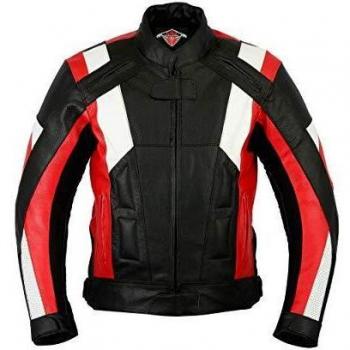 Texpeed - Chaqueta de motorista para hombre - Con protector - Cuero - Rojo y blanco - M - 5XL - M - 101cm