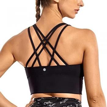 CRZ YOGA Women's Medium Support Sports Bra Strappy Back Wirefree Removable Cups Longline Yoga Crop Top Bra Black XL