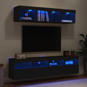 Mueble de TV de pared con LED 5 piezas en madera de ingeniería, color negro