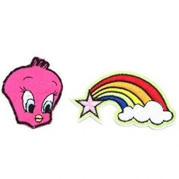 Rosa Tweety de pájaro y Rainbow Patch hierro en Applique Patch