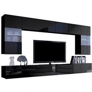 Conjunto de salón Providence B105, Negro y Negro Brillante, Aglomerado Laminado, con Mesa de TV y Accesorios Adicionales, 300x43cm
