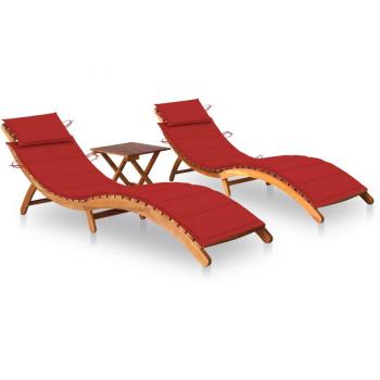 Cubierta de 2 piezas con mesa y almohadas en madera maciza de Acacia - Tumbonas 2 unidades con mesa y cojines madera maciza de acacia