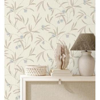 Papel Pintado Vinílico de Flores Azules y Hojas Grises en Relieve con Toque Nacarado - Jasmine Joy 682832 - Rollo de 10 m x 0,53 m