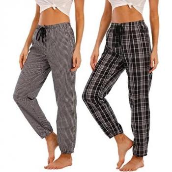 MoFiz Mujer Pantalón de Pijama Largo Casual Patalones a Cuadros de Algodón 2 Pack-3603 L