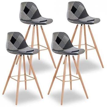Lote de 4 taburetes de bar Sara patchwork negro, gris y blanco