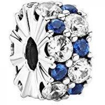 Charm de clip Pandora en plata de ley con brillos azules y transparentes