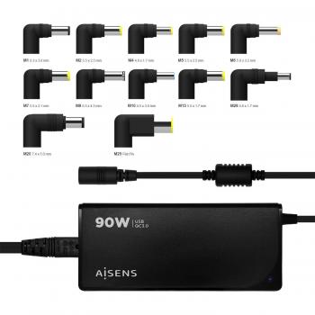 Aisens ASLC-90WAUTO-BK Cargador Universal de Portátil 90W Automático con 12 Conectores Voltaje Ajustable 15-20V y Puerto USB QC3.0 Negro