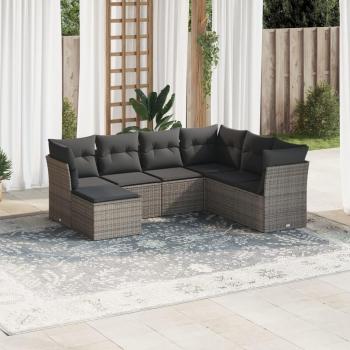 7-Piece Grey Poly Rattan Garden Sofa Set with Cushions