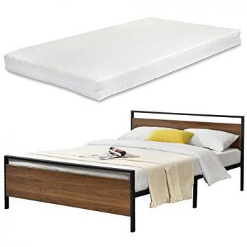 Cama Doble de Metal Finse con Colchón de Espuma Fría 140 x 200 cm Negro Mate y Efecto Nogal