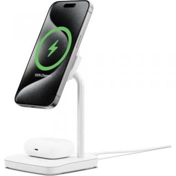 Base de Carga Inalámbrica Magnética 2 en 1 Qi2 15W para iPhone y AirPods - Blanco