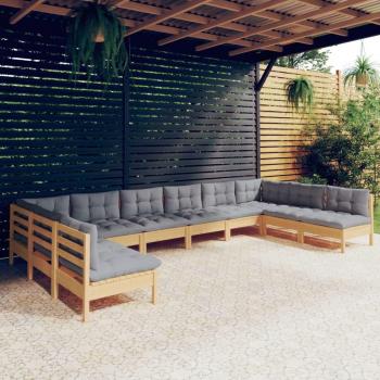 10-Piece Solid Pinewood Garden Lounge Set with Grey Cushions