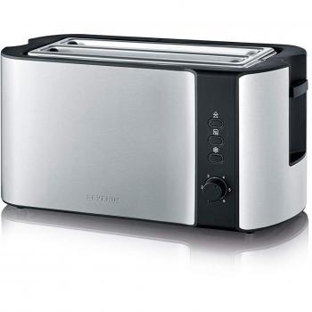 SEVERIN Tostadora Automática, 2 Ranuras Largas, Hasta 4 Rebanadas de Pan, Soporte para panecillos, 1400 W, Dimensiones 38 x 18 x 19 cm, Acero Inoxidable/Negro, AT 2590