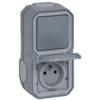 Enchufe de superficie impermeable Plexo con toma de tierra e interruptor va-et-vient vertical gris - Legrand