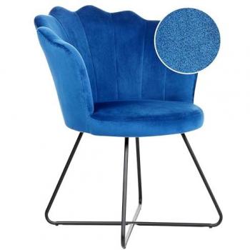 Sillón sin brazos de terciopelo azul marino con respaldo en concha, diseño clásico vintage y estructura de metal negro