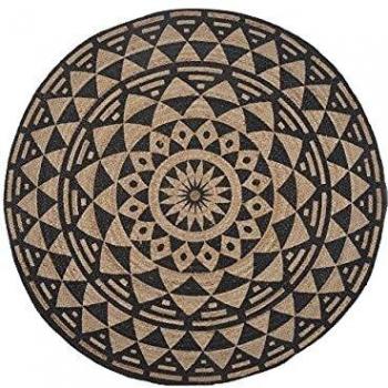 Alfombra Redonda de Yute Beige y Negro Ø 120 cm Tejida a Mano Estilo Boho Oriental Alakir