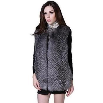 Fur Story 16251 Mujer Medio Largo Verdadera chaleco piel de zorro Zorro plateado 38