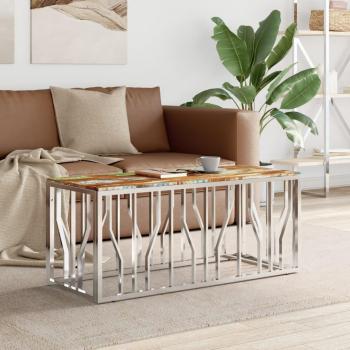 Mesa de centro vidaXL de acero inoxidable y madera maciza reciclada, colores plateado y marrón claro, ideal para salón, comedor o como mesita auxiliar