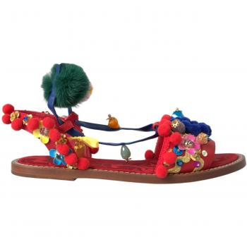 Multicolor Pom Pom Fur Wrap Sandals - EU36/US5.5, Dolce & Gabbana, Flat Sandals, Female, Multicolor, Size: 6 US