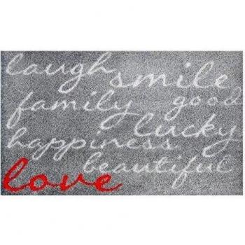 Alfombrilla LifeStyle 100550 Risas con amor, felpudo antideslizante y lavable, ideal para la entrada, el armario o la cocina, 67 x 110 cm, gris / rojo