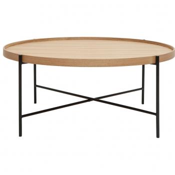 Miliboo Mesa de centro redonda de madera clara y metal negro 90 cm BASSY