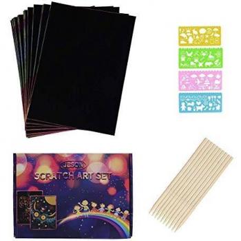 Scratch Art,JBSON 30 Hojas Dibujo Scratch Láminas para Rascar Creativas Papel para Dibujar con Niños, Manualidades, Escribir Listas, Incluye 4 Plantillas de Plantillas de Dibujo y 10 lápices de Madera