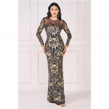 Goddiva Floral Sequin Mesh Maxi Dress - Gold