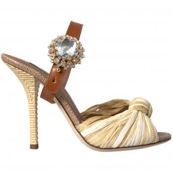 Dolce & Gabbana Multicolor Crystal Slides Heels Sandals Shoes - EU37/US6.5, Heeled Mules, female, Beige, Size: 7 US Crystal Embellished Raffia Sandals