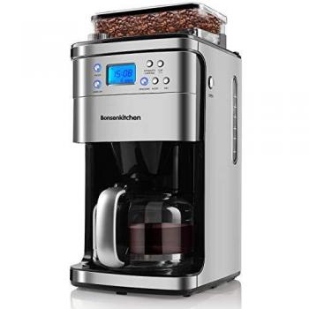 Bonsenkitchen Cafetera con molinillo cónico, Cafetera Goteo con jarra de vidrio de, Máquina de café acero inoxidable,1000W, 12 tazas