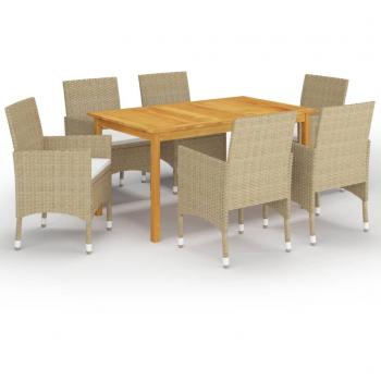 Conjunto de jardín beige de 7 piezas con mesa y 6 sillones con cojines