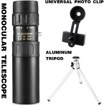 Telescopio Monocular de Metal 10-30x25 con Soporte para Smartphone y Visión Nocturna Ligera