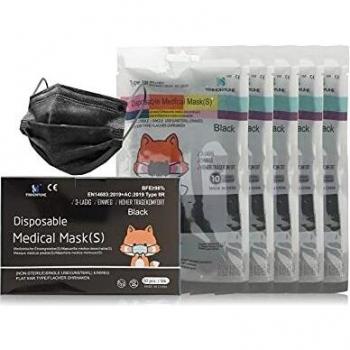 Mascarilla Quirúrgica Desechable Homologada Para Niños, 50 Unidades, Negro, CE, BFE ≥98%, EN 14683:2019+AC:2019 Type IIR