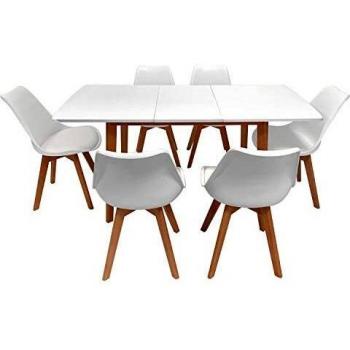Mesa extensible 120/160cm Helga con 6 sillas Nora blancas estilo escandinavo moderno