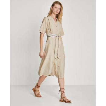 Trucco - Vestido midi camisero de manga corta con cuello mao, botones y cinturón estampado
