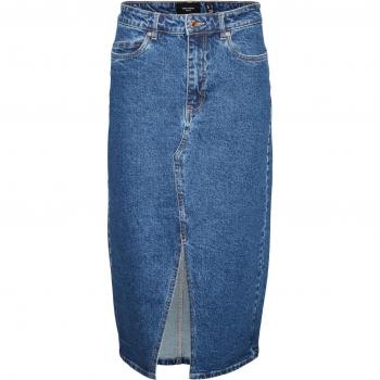 Vero Moda Women's Long Denim Skirt with Split, Regular Fit, Medium Blue, Size XS