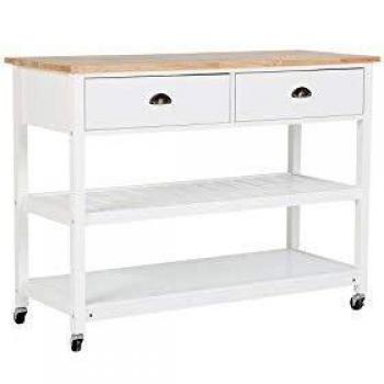 Carrito de cocina blanco Navarino con encimera de madera clara, 2 estantes, 2 cajones para cubiertos, ruedas y estilo moderno escandinavo