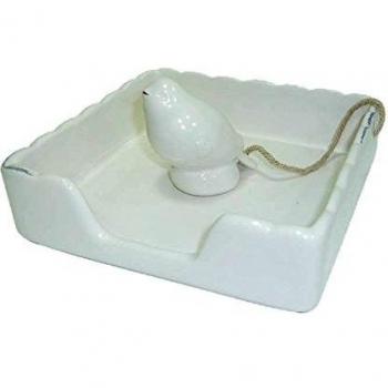 BETTER & BEST Q B&B Q BETTER & BEST Servilletero de cerámica, Cuadrado, con pajarito, Color Blanco, 14 cm