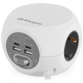 Regleta Orbegozo EN 4000 - Enchufe 7 en 1 con 3 tomas de corriente, 2 puertos USB-A, 2 puertos USB tipo C, color blanca y gris, compacto y seguro,
