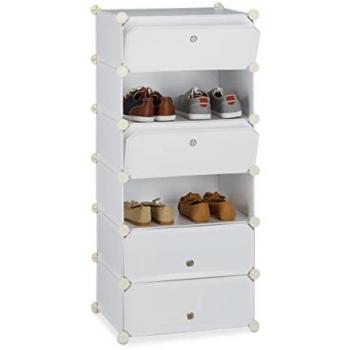 Zapatero Estrecho de Plástico con Puertas, 6 Compartimentos, Blanco, 107x49x37 cm - Relaxdays