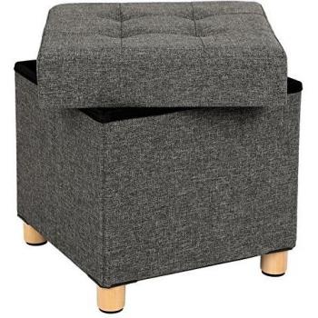 SONGMICS Puff Almancenaje, Banco Almacenaje, Banco Plegable, Pies de Madera, 32 L de Capacidad, Soporta hasta 300 kg, Dormitorio, Entrada, Gris Oscuro LSF14GYZ