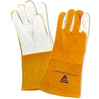 STAHLWERK - Guantes de soldador para WIG/TIG/MIG/MAG/MMA/Plasma, resistentes al calor y al fuego, color blanco y amarillo